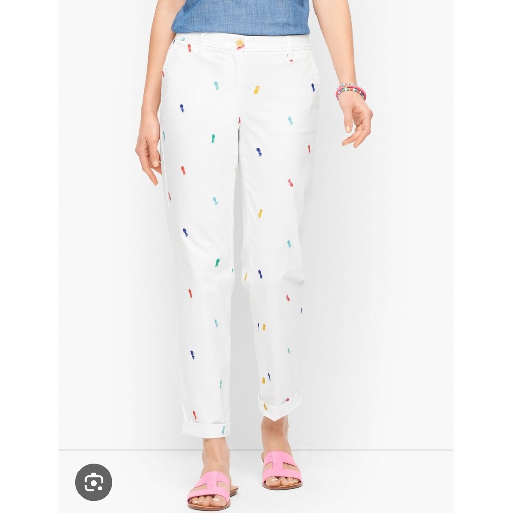 Talbots Relaxed Chino White Pineapple Embroidered Pants 4P Petite Summer